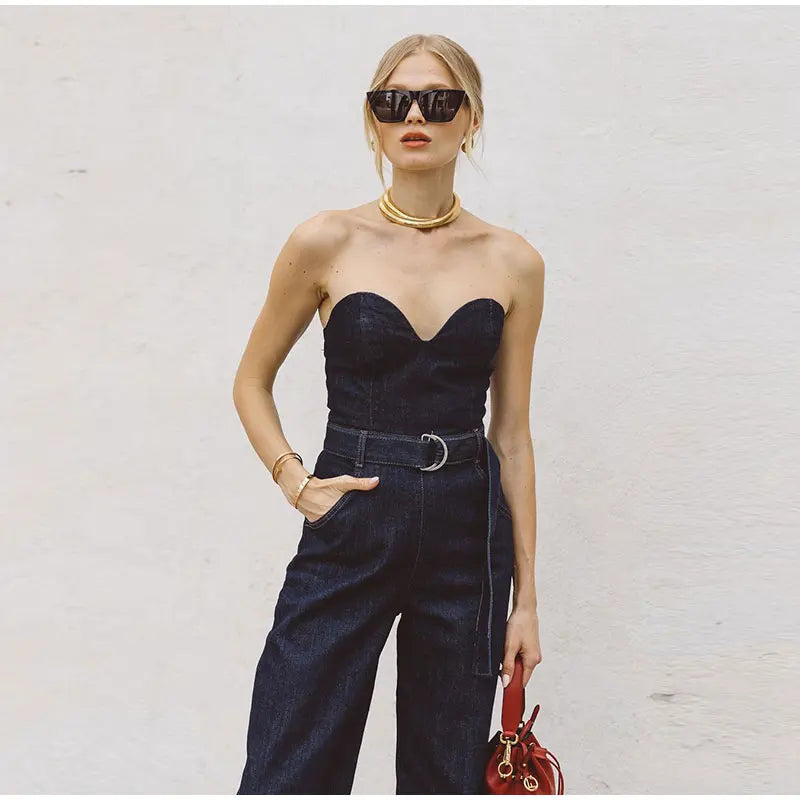 Suninheart Bra Jumpsuit Women Long Tooling Bra Rompers Summer Fashion Female Off Shoulder Backless Belt Design Bodysuit