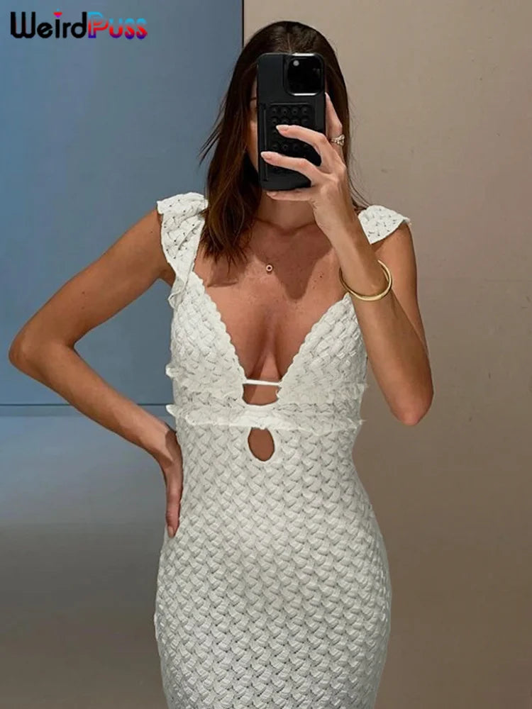 Vestido de verano para mujer, sin mangas, con volantes y espalda descubierta, con encaje liso, elegante, con capas, para fiesta