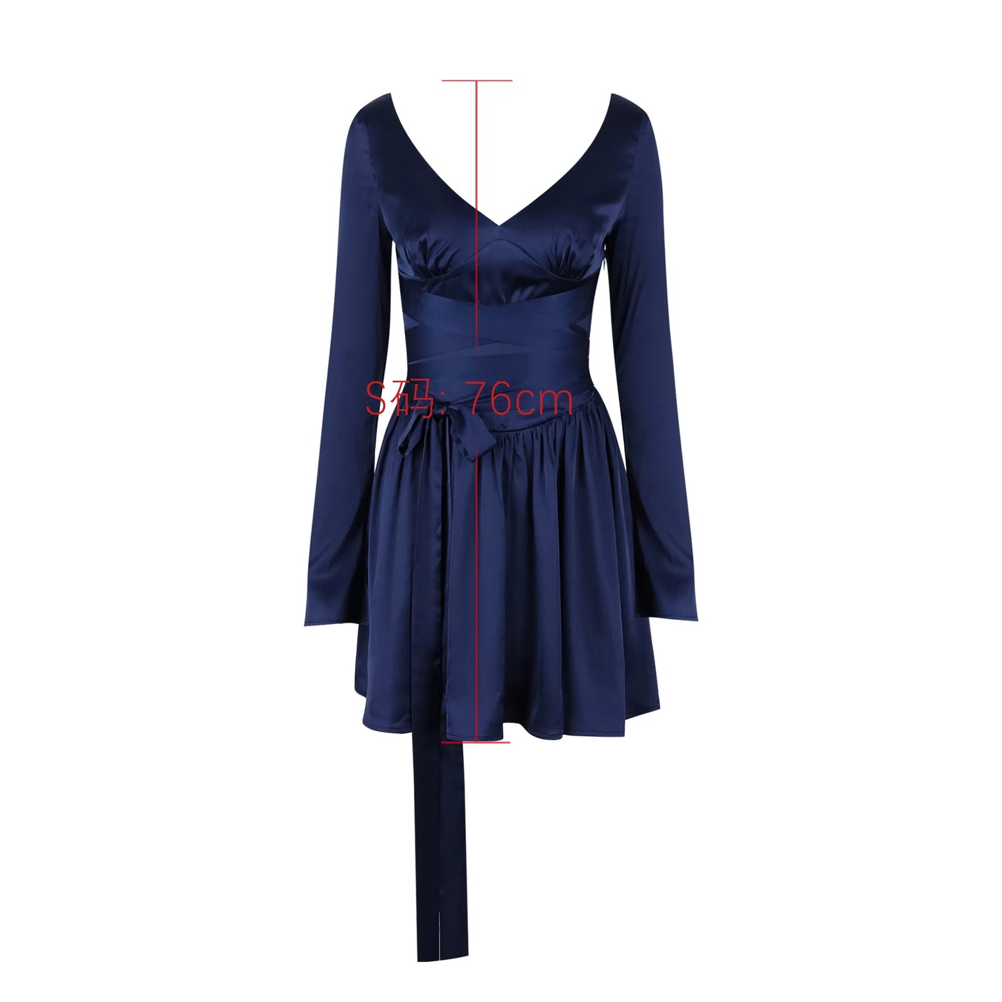 Suninheart Autumn and Winter Long Sleeve Dress Navy Blue Long Belt A Line Mini Dress V Neck Casual Women's Clothing