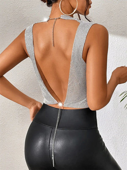 Camiseta sin mangas con cuello halter y lentejuelas de malla de diamantes brillantes para mujer, blusas de verano con espalda abierta de metal y diamantes de imitación, envío directo, blusas sin espalda para mujer