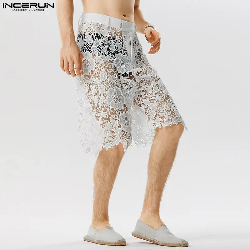 Short élégant et bien ajusté pour homme INCERUN Short en dentelle imprimé ajouré pour soirée décontractée Short en maille transparente sexy S-5XL