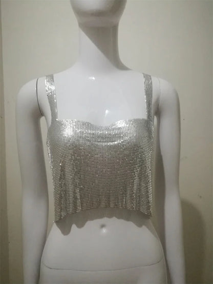 Camisoles à paillettes métalliques pour femmes, hauts courts sexy à dos nu avec chaîne, tenue de soirée, de danse, de club, froncé, col rond, streetwear