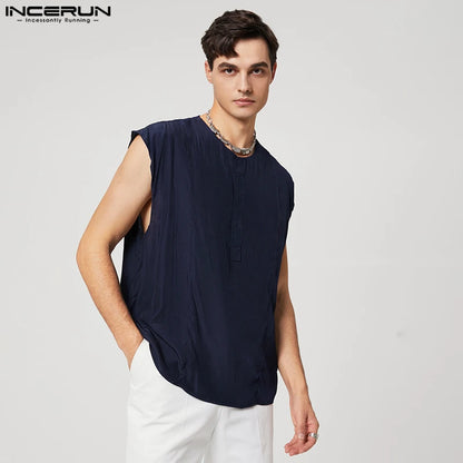 Camisa para hombre 2024, color sólido, sin mangas, ropa de calle con botones, ropa informal para hombre, camisa holgada de moda de verano para hombre, S-5XL INCERUN