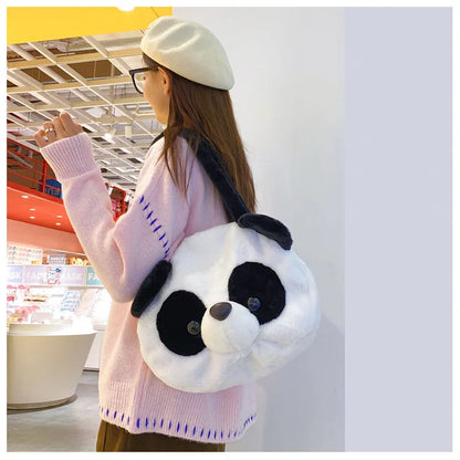 Bolsos de hombro de peluche para adolescentes, diseño kawaii, con forma de cabeza de panda, elegantes y suaves, para compras, portátiles