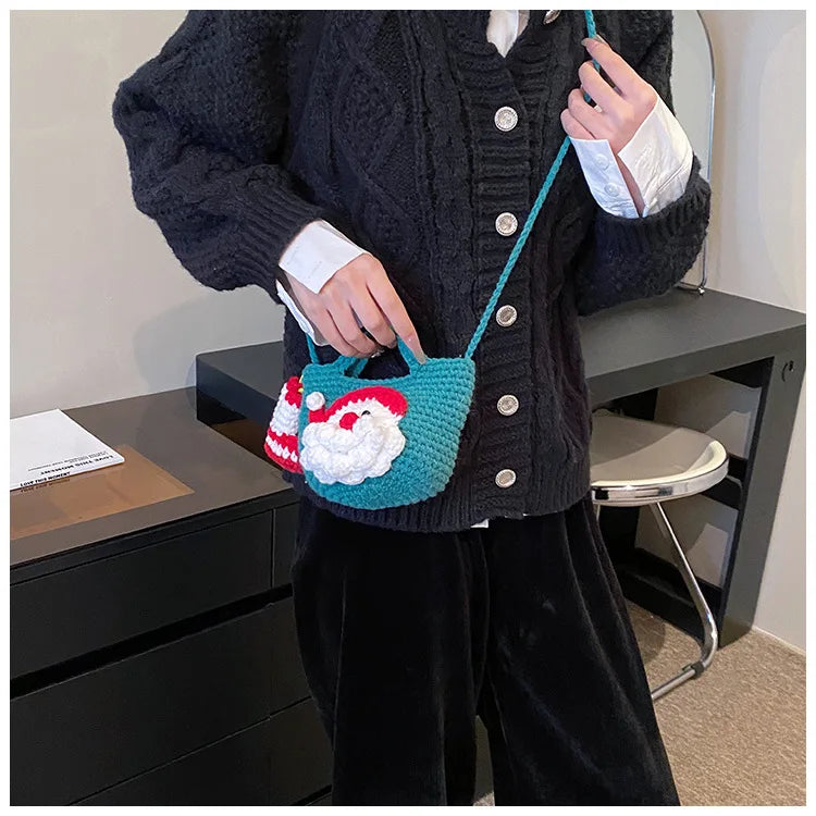 Bolso bandolera tejido a mano con dibujos animados para mujer, bolso para teléfono móvil, bolso bandolera pequeño de punto de Papá Noel, monedero, tarjetero, Kawai