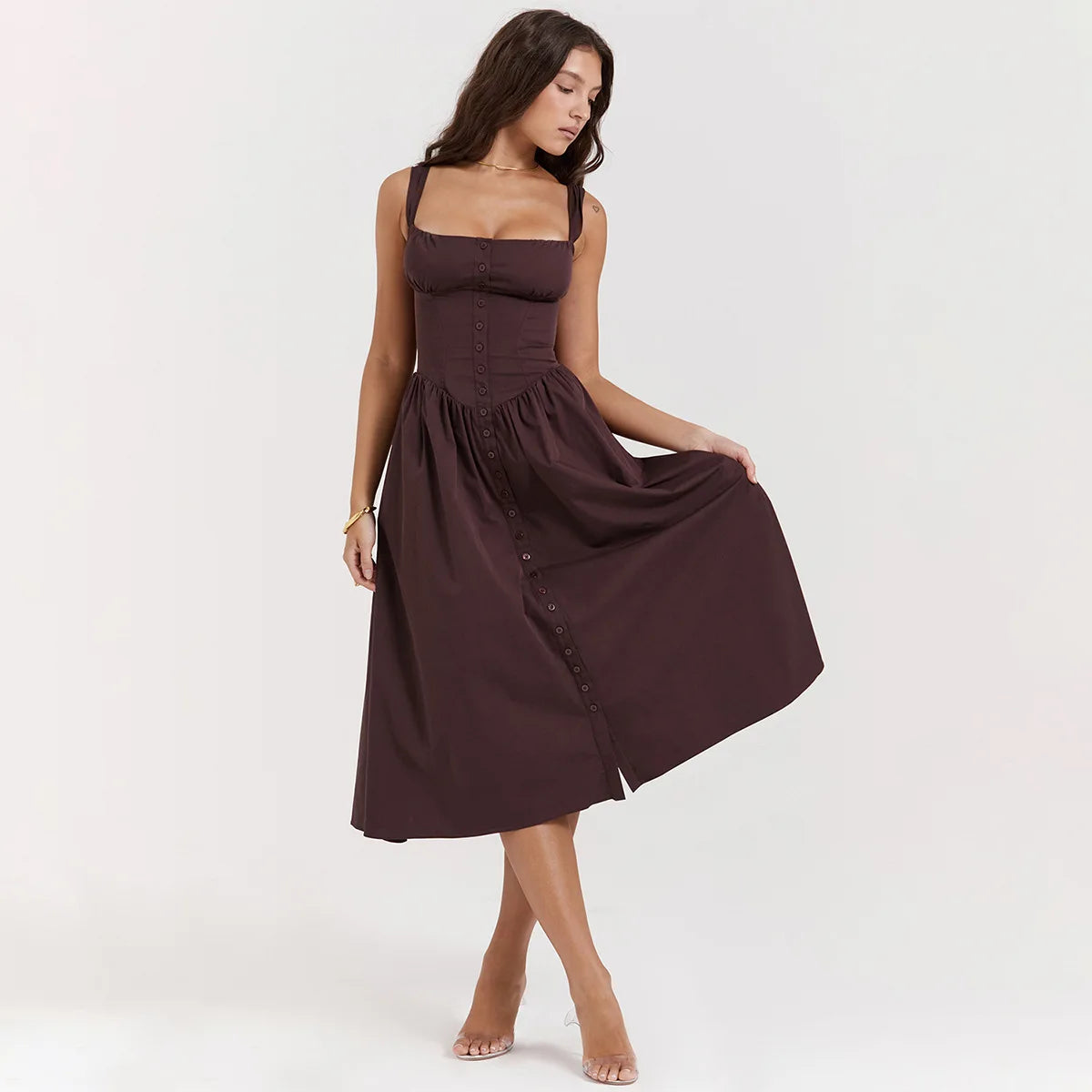 Robe élégante d'été pour femme Suninheart 2023 Robe de fête d'anniversaire à bretelles spaghetti marron Robe mi-longue boutonnée en ligne A