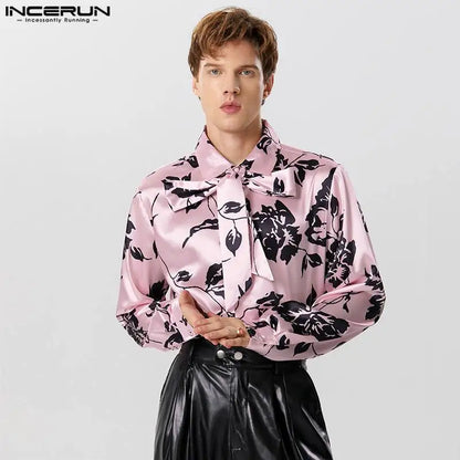 2023 Men Shirt Printing Satin Lapel Long Sleeve Lace Up Men Clothing Autumn Streetwear Fashion Casual Camisas S-5XL INCERUN