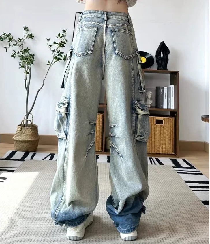 DEAT Fashion Women's Jeans High Waist Multiple Pockets Water Wash Gradient Streetwear Denim Cargo Pants Spring 2024 New 7AB3332