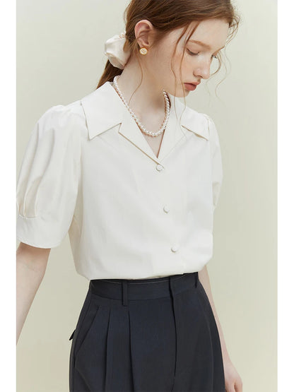 FSLE Office Lady Turn-Down Collar Women Short Sleeve Shirts Simple White Temperament Commuter Blouses Women Summer Tops