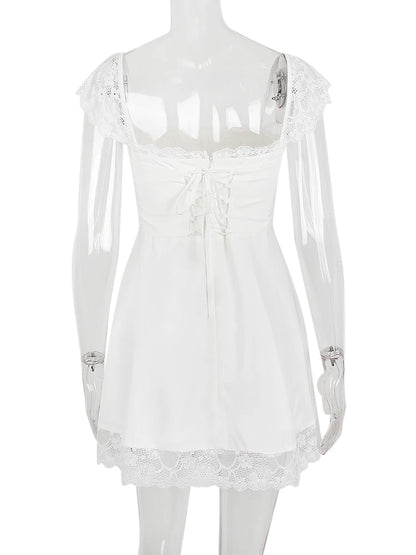 Robe blanche sexy en dentelle courte pour femme, tenue de soirée, de club, de vacances, décontractée, mini, douce, à lacets dans le dos, pour anniversaire, 2022