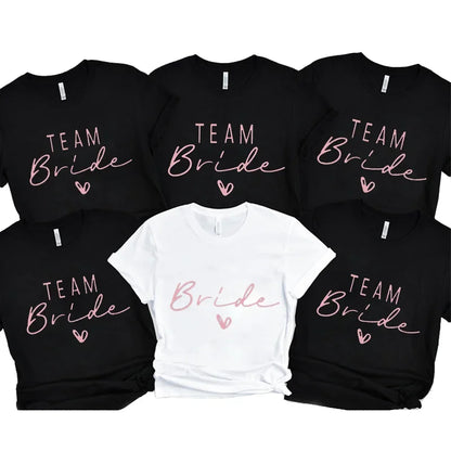 Team Bride Heart EVJF Tee Shirts Enterrement de Vie de Jeune Fille T-shirt Femme Fille Mariage Tops Tee Femme Noir Rose Blanc Vêtements Camisetas Mujer