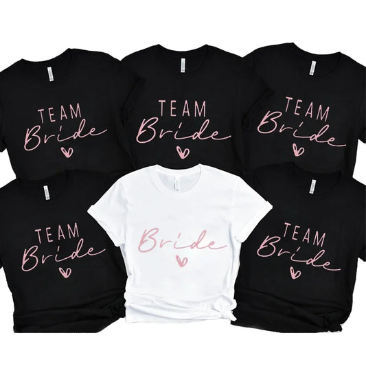 Team Bride Heart Evjf Tee Shirts Hen Party Women T-shirt Girl Wedding Tops Tee Female Black Pink White Clothes Camisetas Mujer