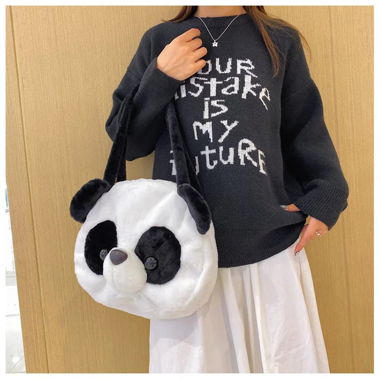 Bolsos de hombro de peluche para adolescentes, diseño kawaii, con forma de cabeza de panda, elegantes y suaves, para compras, portátiles