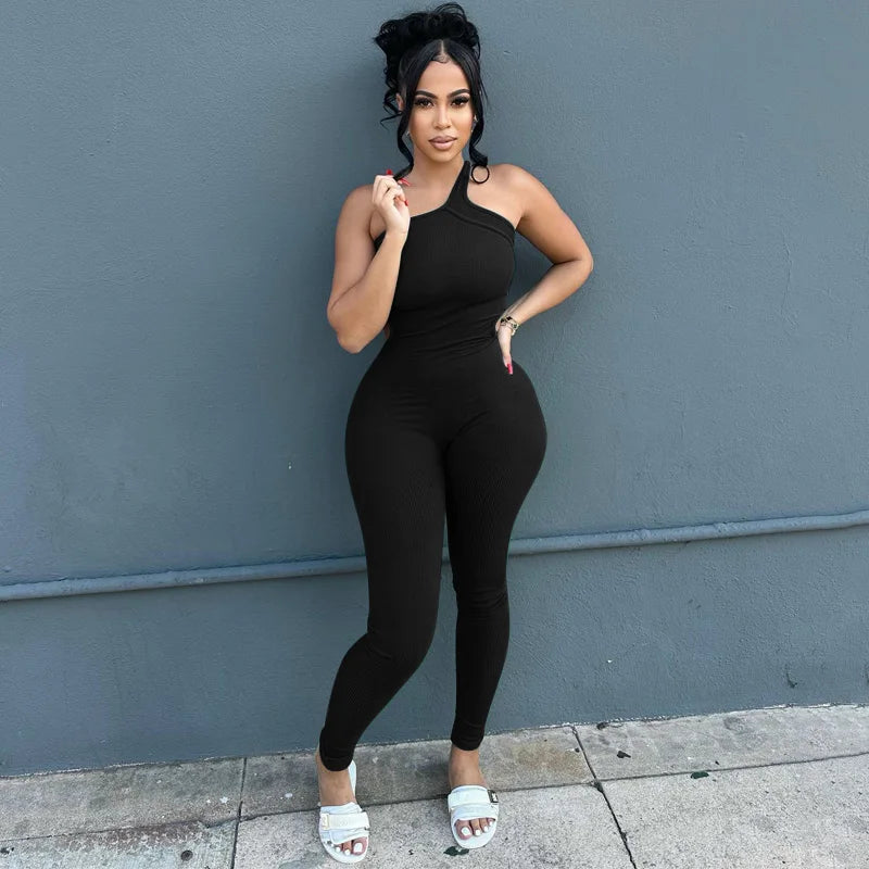 Dulzura Black Sleeveless One Shoulder Ribbed Jumpsuit Women Bodycon Sexy Streetwear Outfits Club Fall Winter Wholesale Rompers