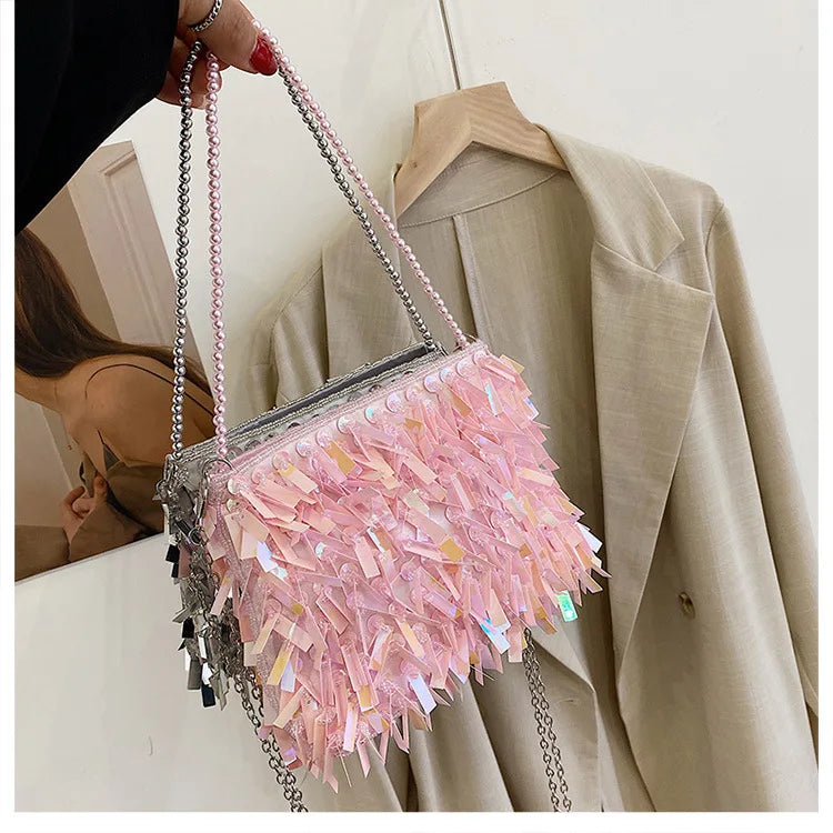 Bolsos pequeños tipo bandolera para mujer, con borlas y lentejuelas doradas, hechos a mano, para fiestas de noche, a la moda