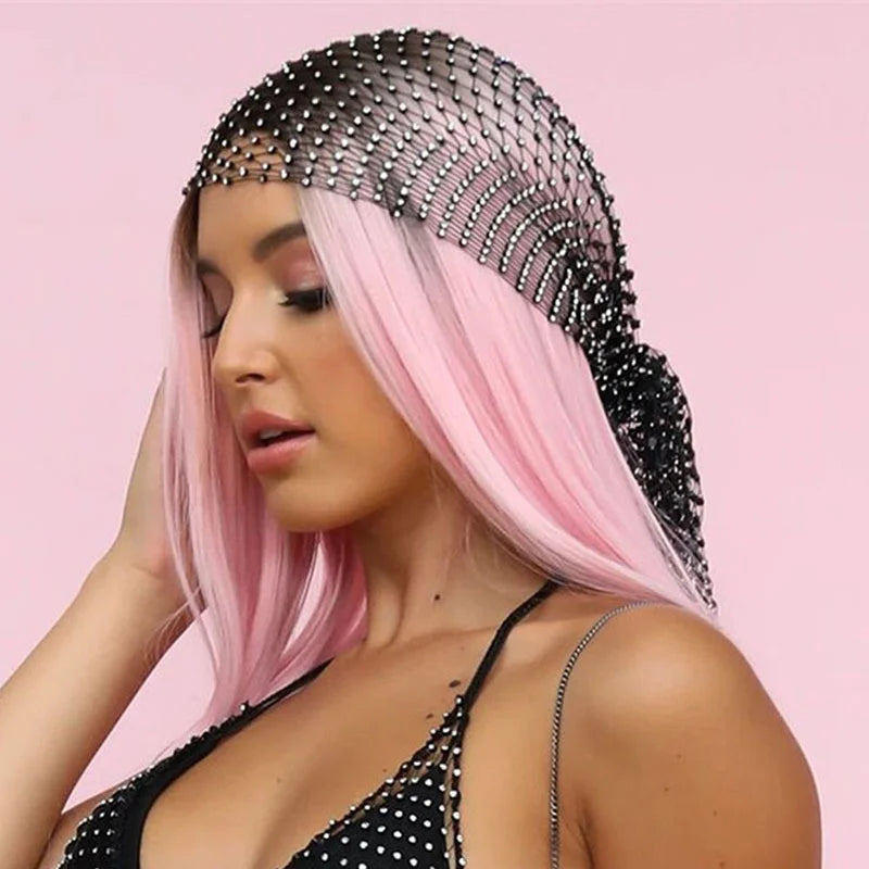 Banda para el pelo para mujer, pañuelo de rejilla con cristales y diamantes de imitación, turbante de estilo hip hop, accesorios para ropa de calle musulmana, envío directo