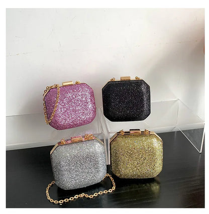 Mini bolso de noche para mujer, bolso de hombro retro con diamantes de imitación a la moda, bolso cruzado con cadena de color dorado, plateado y negro