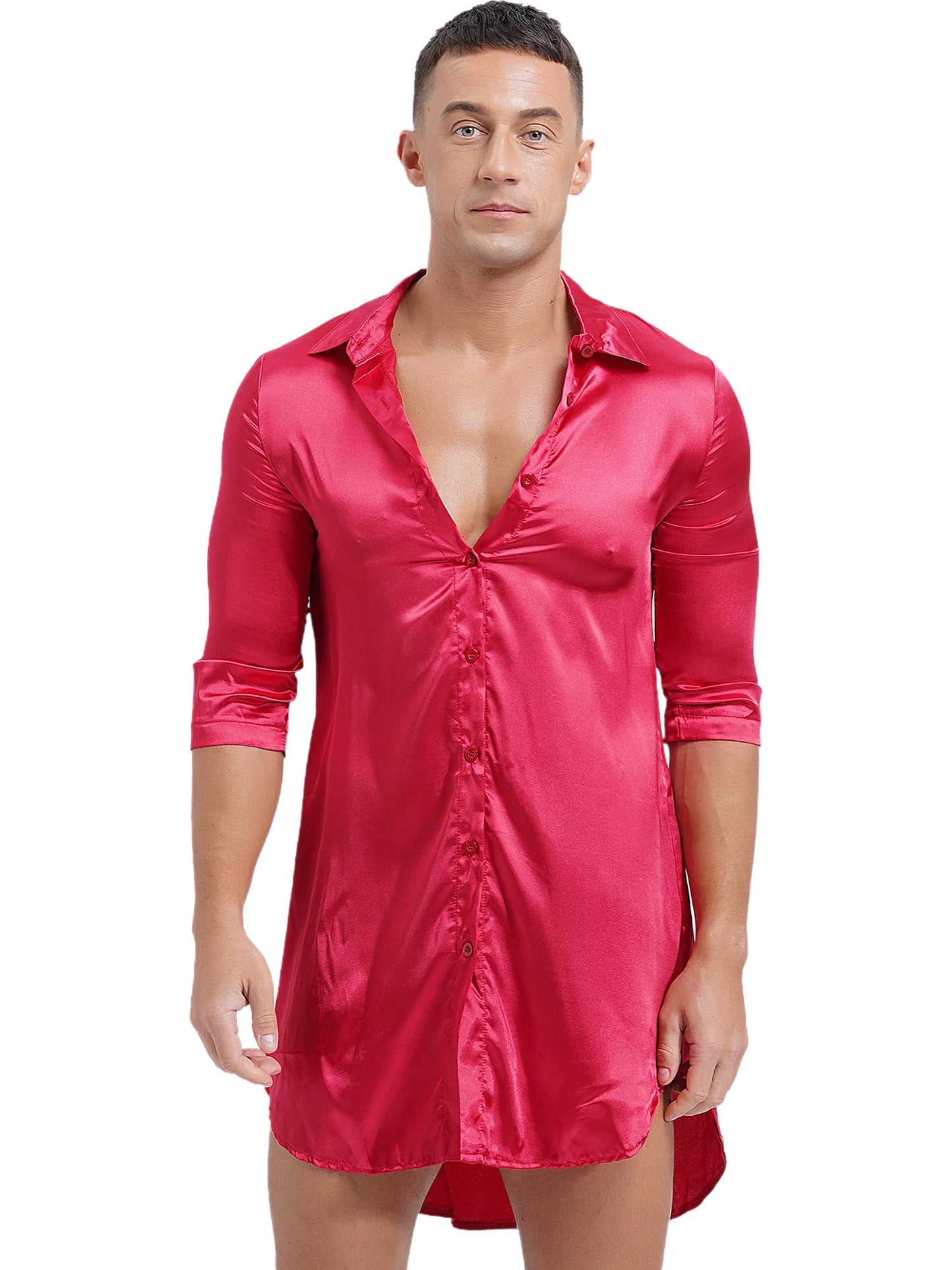 Chemise en satin de soie pour homme Sissy, couleur unie, longue robe portefeuille, peignoir, kimono, chemise de nuit, pyjama, vêtements de nuit, vêtements de détente