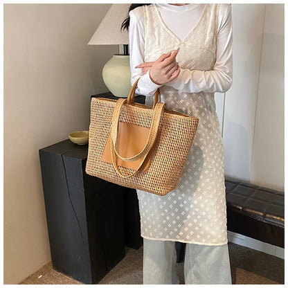 Casual Large Capacity Straw Tote Bag Hollow Paper Weave Women Shoulder Bags Handmade Summer Beach Handbag Big Bali Shopper Purse