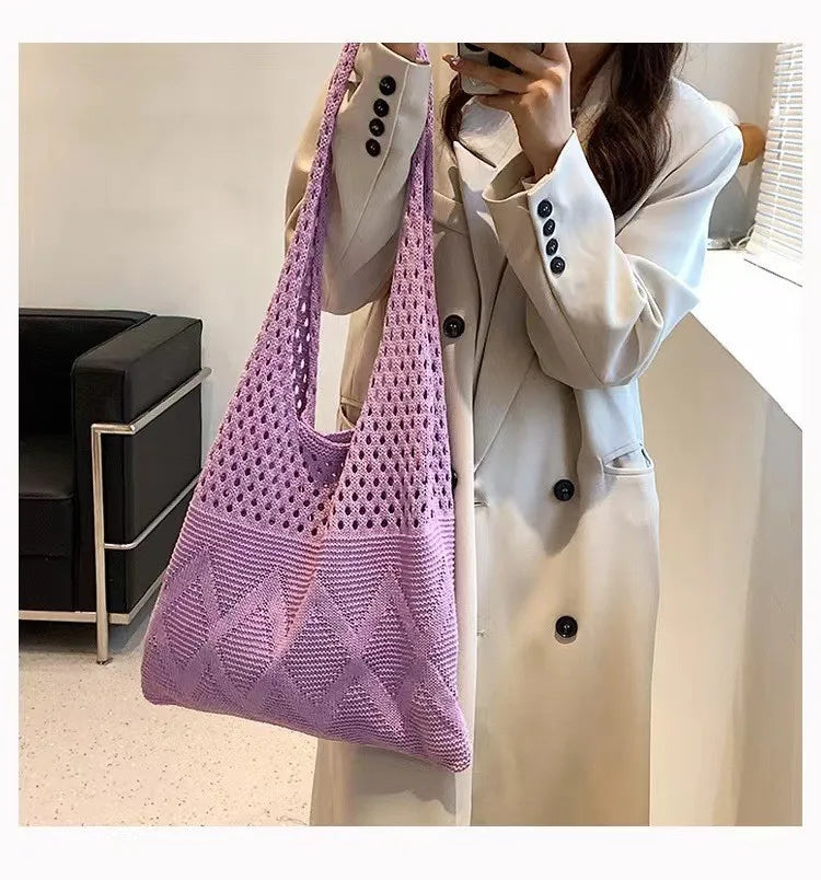 Casual Hollow Out Knitted Women Shoulder Bags Woolen Weave Large Capacity Tote Bag Summer Beach Bag Big Shopper Purses 2024