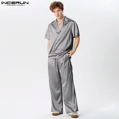 2024 Hommes Ensembles Couleur Unie Streetwear Satin Revers Manches Courtes Chemise &amp; Pantalon Deux Pièces Ensembles Mode Hommes Costumes Décontractés INCERUN