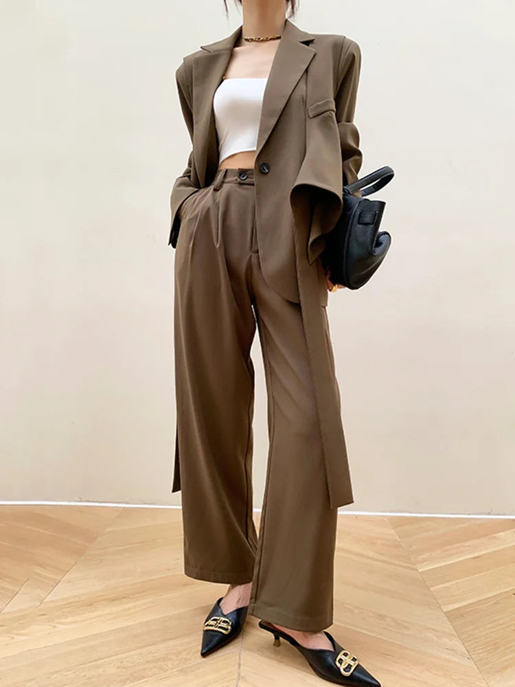 DEAT Fashion Women's New Solid Notched Loose Single Button Blazer High Waist Straight Long Pants Female Tide Summer 2024 17A2339