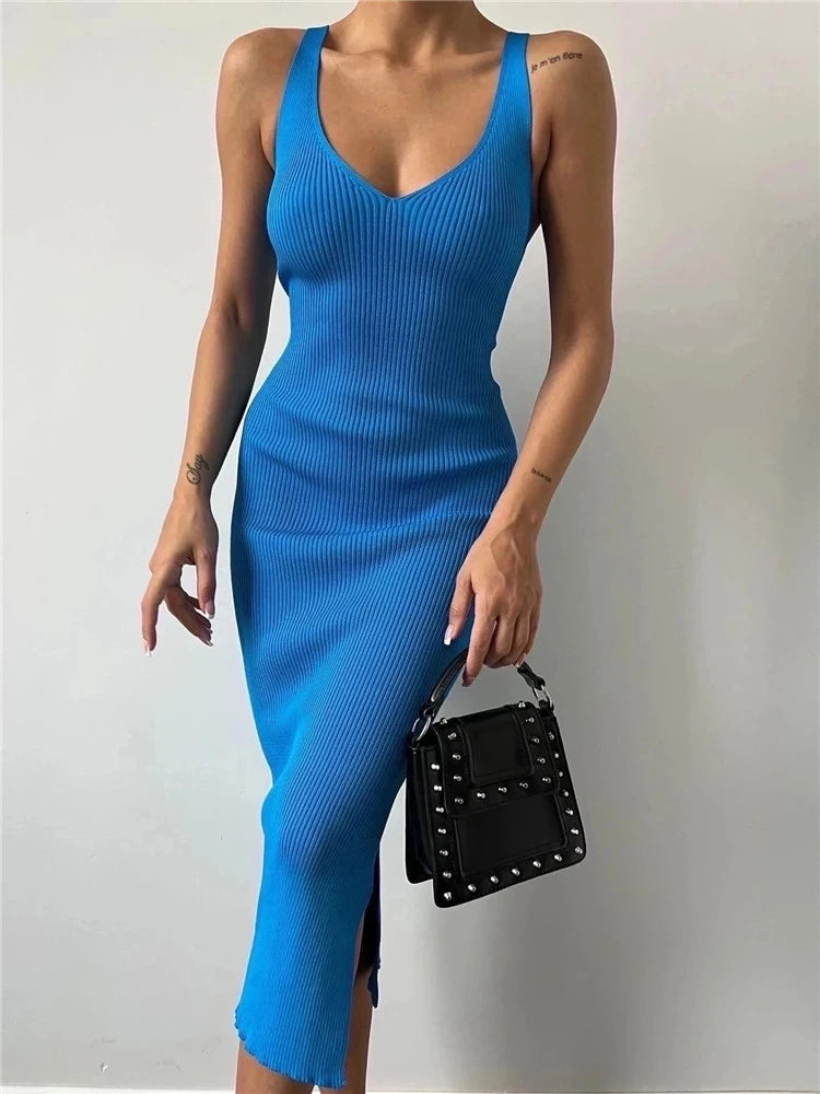 DEAT Fashion Women's Dress Slim V-neck Sleeveless Back Jag High Waist Solid Color Mid-calf Dresses Autumn 2024 New Tide 17A9721