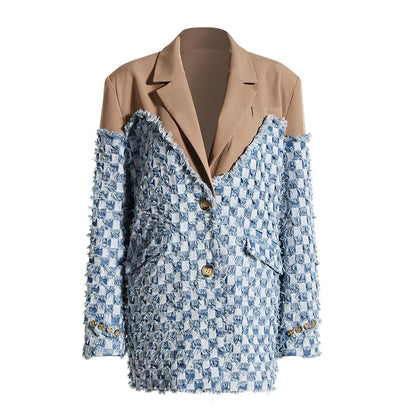 DEAT Fashion Blazer à col cranté pour femme, veste ample en denim à simple boutonnage, patchwork, costume pour femme, automne 2024, nouveau 17A4068