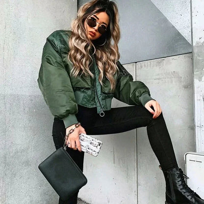 Suninheart Stylish Autumn Winter Green Short Jackets Women Oversized Long Sleeve Zipper Bomber Jacket Outwear Women's Coat