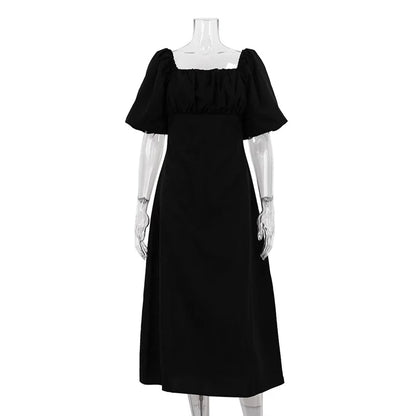 Suninheart Maxi Summer Puff Sleeve Holiday Dress Black Square Neck Party Dresses Casual A Line Women Dress 2023