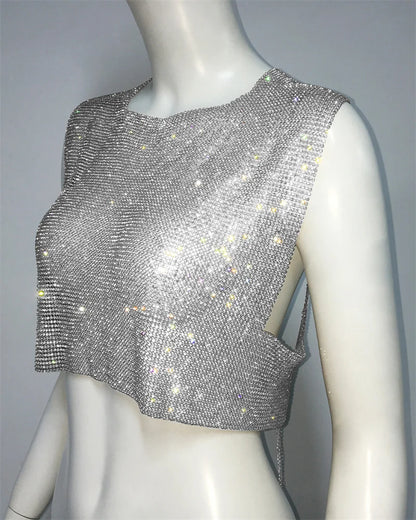 Tops de metal sin espalda para mujer, estilos de verano, ropa de fiesta, club nocturno, tops sexis sin mangas, tops con lentejuelas brillantes, venta al por mayor