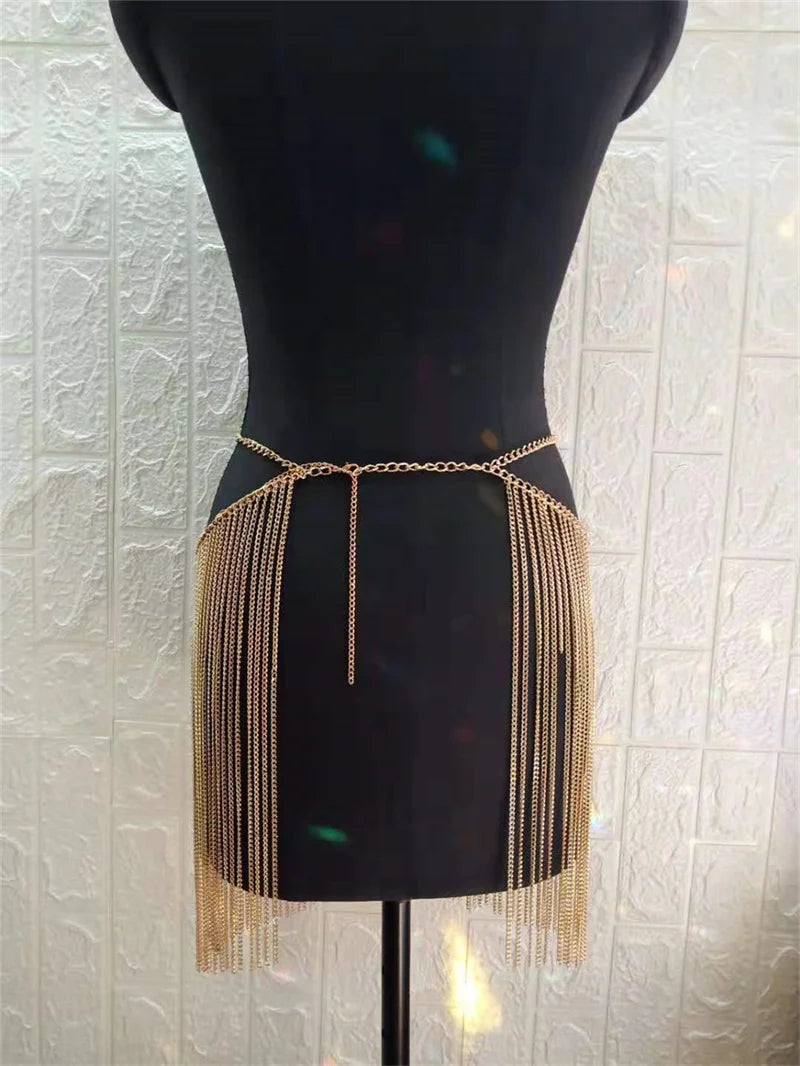 Faldas sexis Y2K de verano para mujer, con lentejuelas de metal en la parte inferior, para festivales, rave, minifalda con borlas de diamantes de imitación brillantes, cadena en la cintura, ropa para discoteca