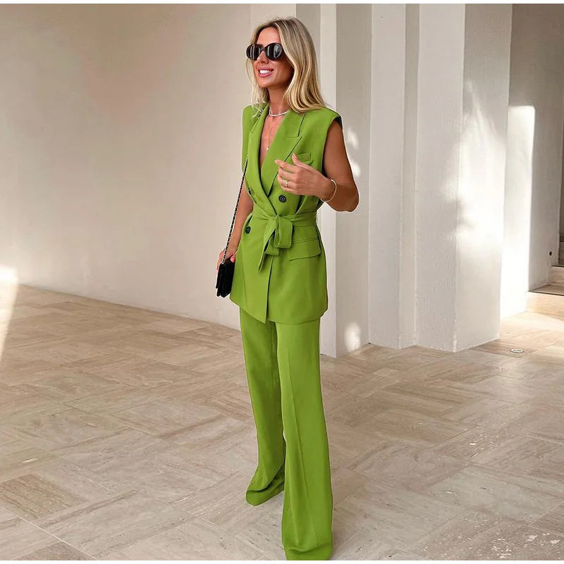 Women Fashion Trousers Two Piece Sets Casual Loose Sleeveless Vest Coat Wide Leg Pants Suits 2023 Spring Commuter Office Set