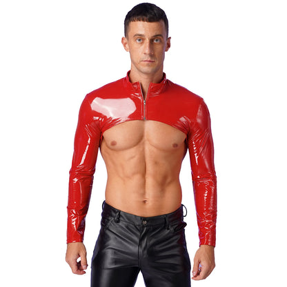 YiZYiF Sexy Mens Wetlook Leather Muscle Tank Top Gay Male Party Clubwear Stage Costume Zipper Shiny Long Sleeve Crop Tops