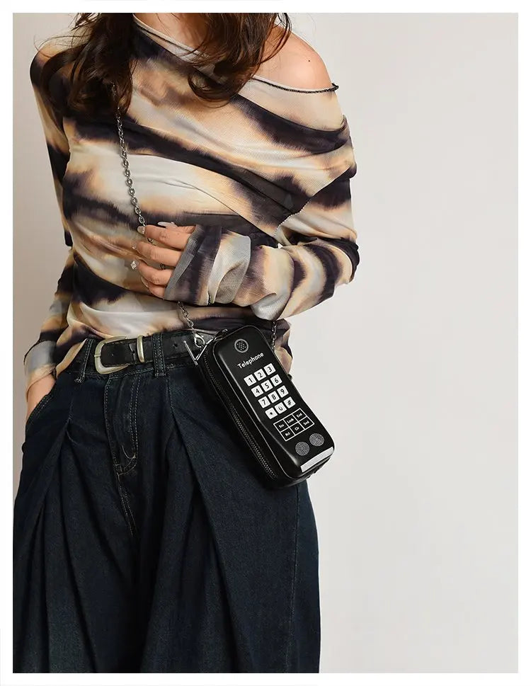 Lindo bolso de hombro para niñas, divertido bolso estilo teléfono móvil, moderno bolso bandolera de un solo hombro con cadena digital y estampado para mujer