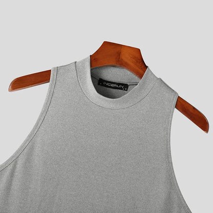 2023 Camisetas sin mangas para hombre, de color liso, cuello alto, sin mangas, de punto, informales, ropa de calle de verano, ropa de moda para hombre INCERUN S-5XL