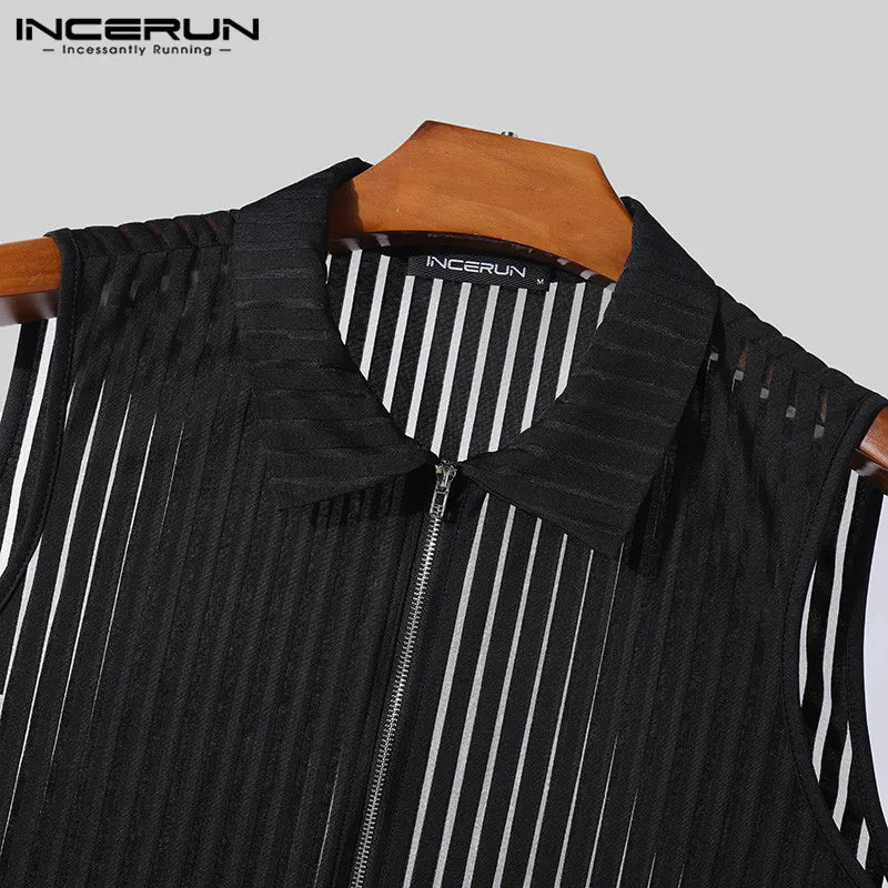 Fashion Casual Style Tops INCERUN Men's Vertical Stripe Perspective Zipper Vests Sexy Male Thin Sleeveless Tank Tops S-5XL 2024