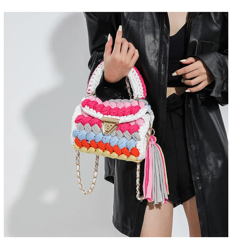 Fashion Colorful Crochet Women Handbags Trend Handmade Woven Chains Shoulder Crossbody Bag Small Flap Female Purses 2024