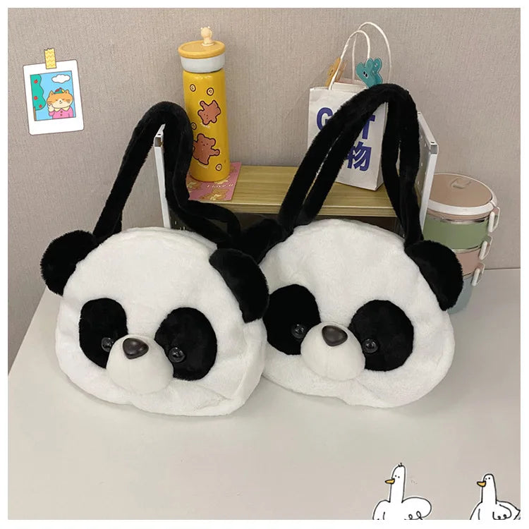 Bolsos de hombro de peluche para adolescentes, diseño kawaii, con forma de cabeza de panda, elegantes y suaves, para compras, portátiles