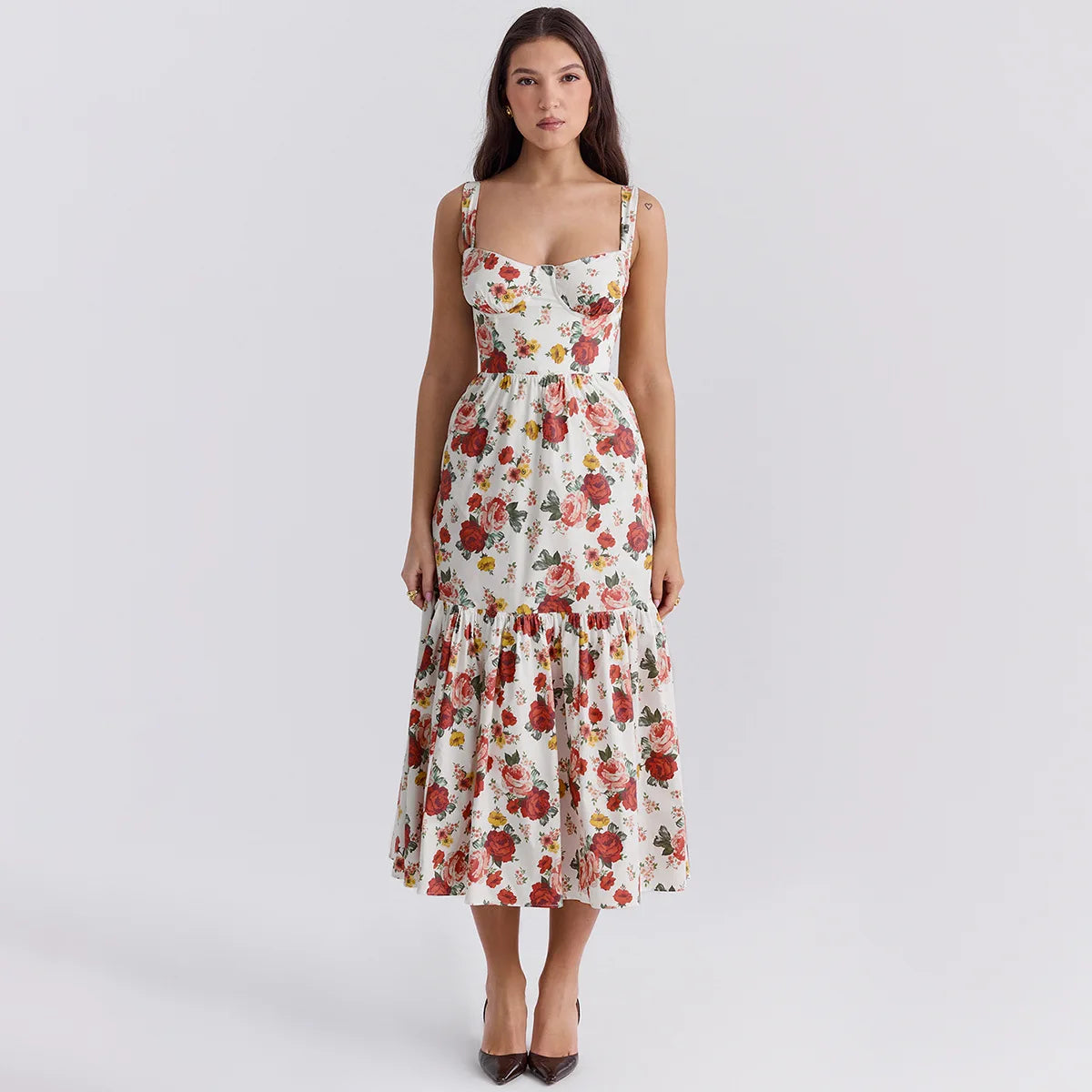 Suninheart Summer Ruffle Hems Elegant Party Dresses 2024 Causal Floral Print Fit and Flare Dress with Pocket Women Midi Dress