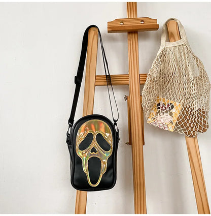 Bolso bandolera para hombre y mujer, estilo coreano, divertido bolso de hombro con calavera fantasma láser, bolso pequeño suave para teléfono móvil