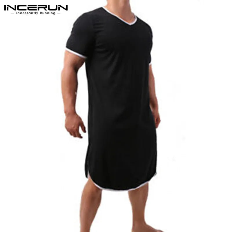 Fashion Men's Loose Sleepwear Casual Solid Nightgown INCERUN Patchwork Sleep Robes Short Sleeve V-Neck Homewear Robes S-5XL 2024