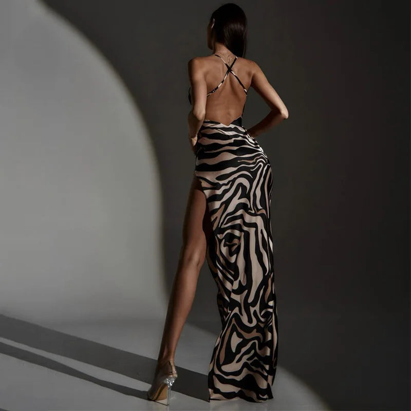 Dulzura Zebra Pring Maxi Dress For Women Side Slit Lace Patchwork Backless Long Dress Sexy Party Club Outfits 2024 Summer