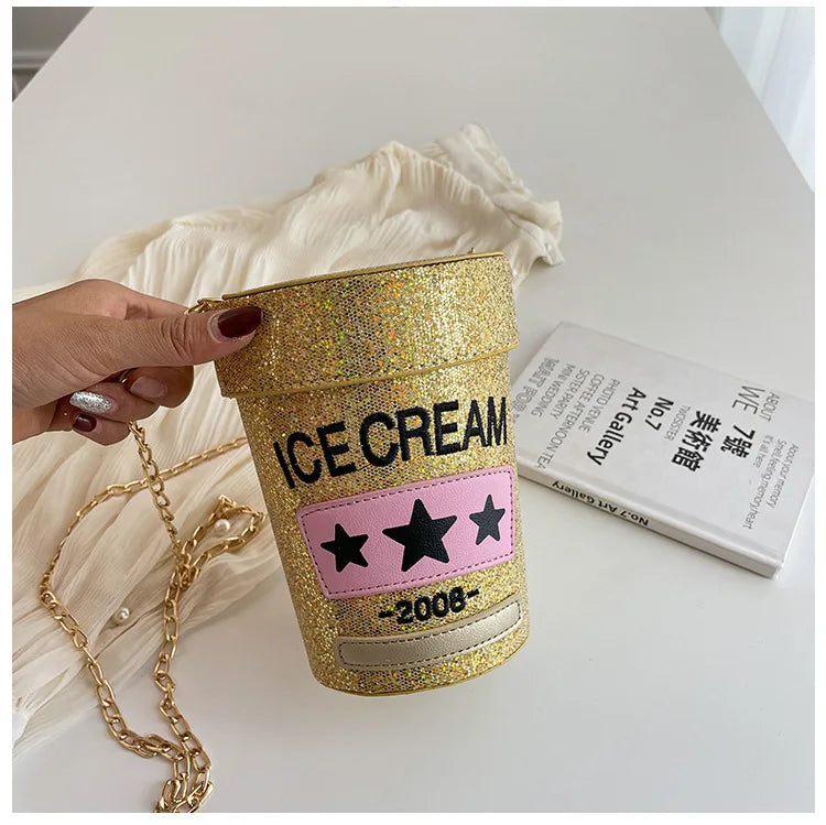 Funny cute cup shape shoulder bag icea cream letter printing bucket bag ladies crossbody messenger bag female purse handbag