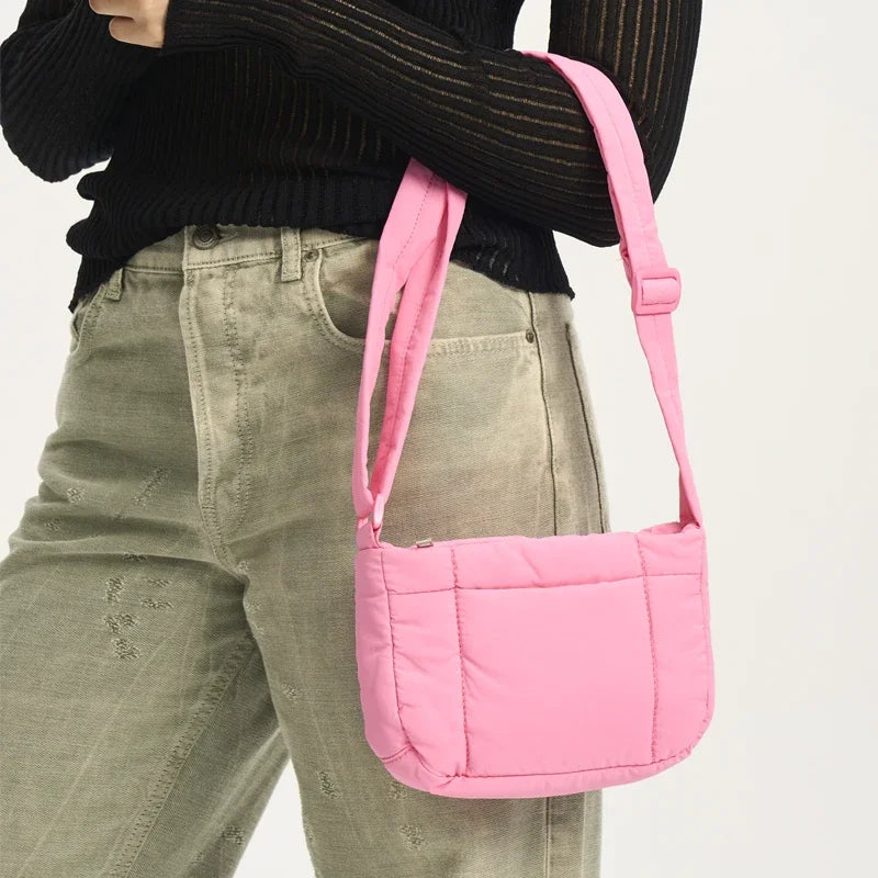 Casual Small Puffer Bag Candy Color Padded Women Shoulder Crossbody Bags Simple Quilted Nylon Messenge Bag Cute Female Purses