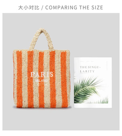 Casual Striped Straw Tote Bag Designer Letters Woven Women Handbags Handmade Summer Beach Bag Big Bali Travel Shopper Purse 2024