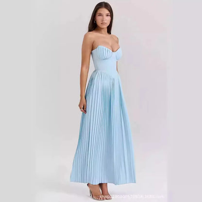 Suninheart Summer Sexy Strapless Dresses Women 2024 New Arrivals Blue Elegant Pleated Dress Maxi Bustier Birthday Party Dresses