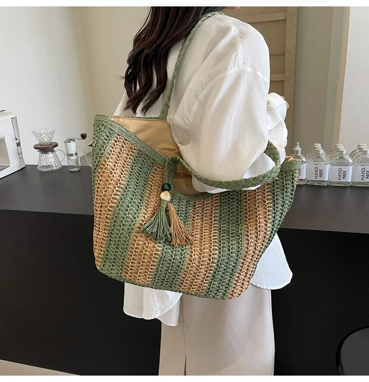 Bolso tejido de paja estilo vacaciones de verano, gran capacidad, versión coreana, tendencia occidental, bolso de hombro, bolso de mano de viaje de moda, diseñador