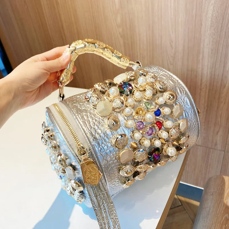 New Women's Bag Cylinder Handmade Shoulder Bag Water Diamond Bag Versatile One Shoulder Crossbody Bag Pillow Bag