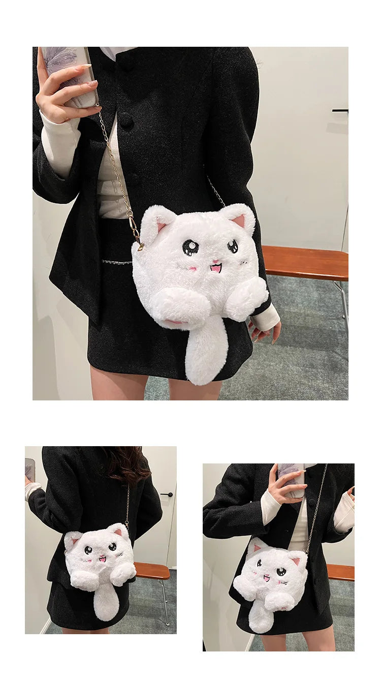 Bolso estilo japonés rosa kawaii para mujer, bolso de hombro de felpa con dibujos de gato para mujer, bolso cruzado, bolso pequeño para teléfono y cartera, novedad de 2024